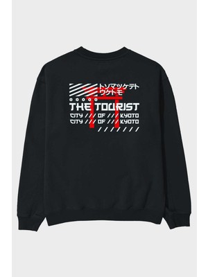 Ankhises The Tourist City Of Kyoto Arka Baskılı Siyah Oversize Sweatshirt Erkek Kadın Bisiklet Yaka