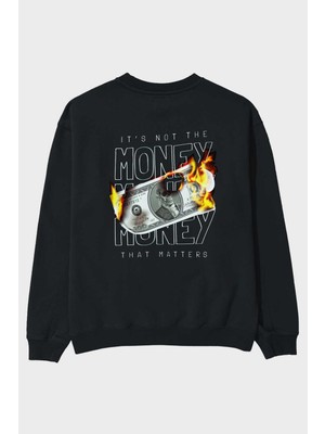 Ankhises Teddy Bear Its Not Money Arka Baskılı Siyah Oversize Sweatshirt Erkek Kadın Bisiklet Yaka