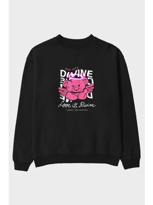 Ankhises Love Is Divine Bear Ön Baskılı Siyah Oversize Sweatshirt Erkek Kadın Bisiklet Yaka