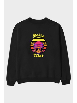 Ankhises Cat Retro Vibes Ön Baskılı Siyah Oversize Sweatshirt Erkek Kadın Bisiklet Yaka