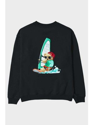 Ankhises Teddy Bear Summer Tide Arka Baskılı Siyah Oversize Sweatshirt Erkek Kadın Bisiklet Yaka