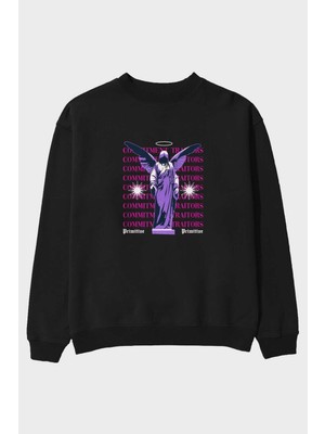Ankhises Commitment Traitors Ön Baskılı Siyah Oversize Sweatshirt Erkek Kadın Bisiklet Yaka