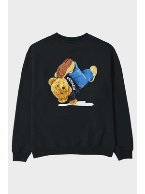 Ankhises Teddy Bear Breakdance Arka Baskılı Siyah Oversize Sweatshirt Erkek Kadın Bisiklet Yaka