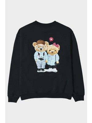 Ankhises Teddy Bear Cute Couple Arka Baskılı Siyah Oversize Sweatshirt Erkek Kadın Bisiklet Yaka