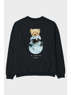 Ankhises Teddy Bear I Need My Space Arka Baskılı Siyah Oversize Sweatshirt Erkek Kadın Bisiklet Yaka