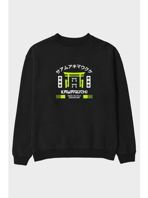 Ankhises Kawaguchi Ön Baskılı Siyah Oversize Sweatshirt Erkek Kadın Bisiklet Yaka