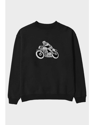Ankhises Caferacer Ön Baskılı Siyah Oversize Sweatshirt Erkek Kadın Bisiklet Yaka