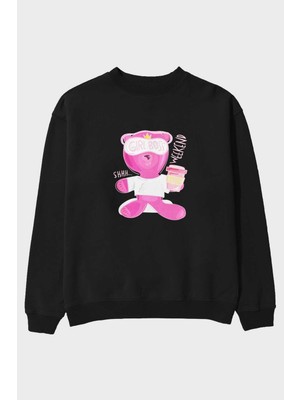 Ankhises Girl Boss Bear Ön Baskılı Siyah Oversize Sweatshirt Erkek Kadın Bisiklet Yaka