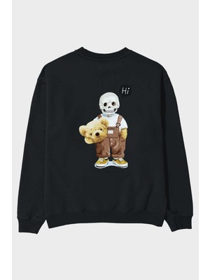 Ankhises Teddy Bear Hi Arka Baskılı Siyah Oversize Sweatshirt Erkek Kadın Bisiklet Yaka