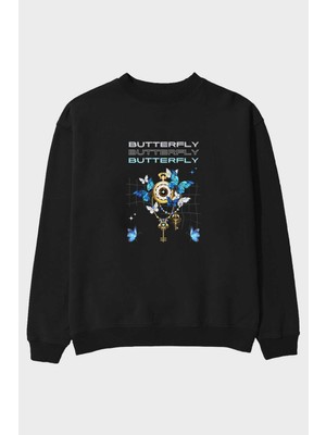 Ankhises Butterfly Yazılı Ön Baskılı Siyah Oversize Sweatshirt Erkek Kadın Bisiklet Yaka