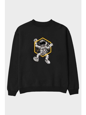 Ankhises Astrofun Ön Baskılı Siyah Oversize Sweatshirt Erkek Kadın Bisiklet Yaka