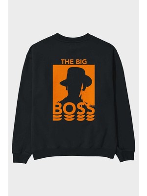 Ankhises The Big Boss Arka Baskılı Siyah Oversize Sweatshirt Erkek Kadın Bisiklet Yaka