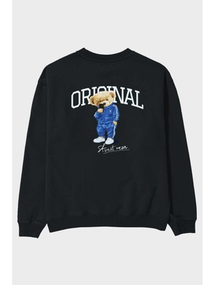 Ankhises Teddy Bear Original Arka Baskılı Siyah Oversize Sweatshirt Erkek Kadın Bisiklet Yaka