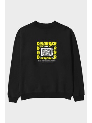 Ankhises Disorder Streetwear Ön Baskılı Siyah Oversize Sweatshirt Erkek Kadın Bisiklet Yaka