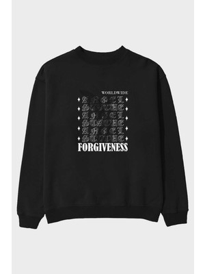 Ankhises Angel Forgiveness Ön Baskılı Siyah Oversize Sweatshirt Erkek Kadın Bisiklet Yaka