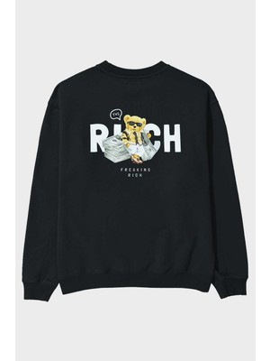 Ankhises Teddy Bear Freakıng Rich Arka Baskılı Siyah Oversize Sweatshirt Erkek Kadın Bisiklet Yaka