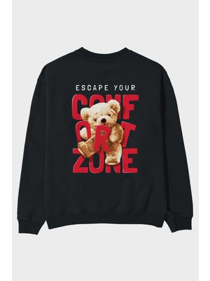 Ankhises Teddy Bear Escape Comfort Arka Baskılı Siyah Oversize Sweatshirt Erkek Kadın Bisiklet Yaka