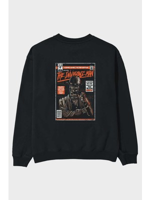 Ankhises The Invisible Man Arka Baskılı Siyah Oversize Sweatshirt Erkek Kadın Bisiklet Yaka