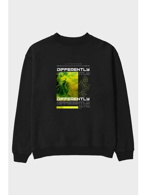 Ankhises Differently Yazılı Ön Baskılı Siyah Oversize Sweatshirt Erkek Kadın Bisiklet Yaka
