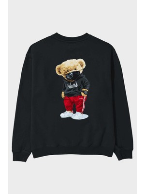 Ankhises Teddy Bear Hello Sport Arka Baskılı Siyah Oversize Sweatshirt Erkek Kadın Bisiklet Yaka