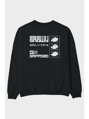 Ankhises Snowy City Of Sapporo Arka Baskılı Siyah Oversize Sweatshirt Erkek Kadın Bisiklet Yaka