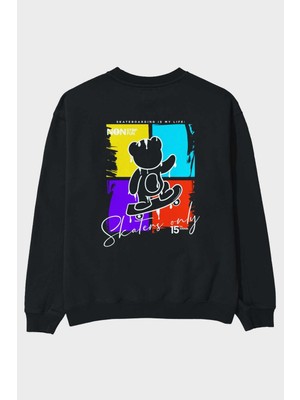 Ankhises Skaters Only Bear Arka Baskılı Siyah Oversize Sweatshirt Erkek Kadın Bisiklet Yaka