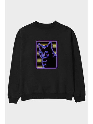 Ankhises Neon Cat Ön Baskılı Siyah Oversize Sweatshirt Erkek Kadın Bisiklet Yaka