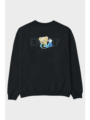 Ankhises Teddy Bear Yourself Arka Baskılı Siyah Oversize Sweatshirt Erkek Kadın Bisiklet Yaka