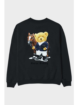 Ankhises Teddy Bear Horse Riding Arka Baskılı Siyah Oversize Sweatshirt Erkek Kadın Bisiklet Yaka