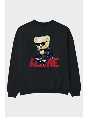 Ankhises Teddy Bear Alone Arka Baskılı Siyah Oversize Sweatshirt Erkek Kadın Bisiklet Yaka