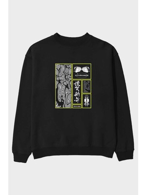Ankhises Neon Japanese Ön Baskılı Siyah Oversize Sweatshirt Erkek Kadın Bisiklet Yaka