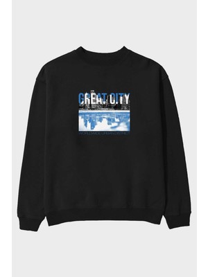 Ankhises Great City Ön Baskılı Siyah Oversize Sweatshirt Erkek Kadın Bisiklet Yaka
