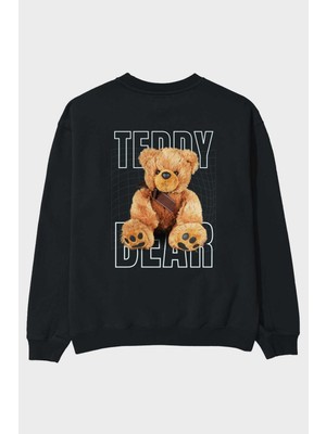 Ankhises Teddy Bear Yazılı Arka Baskılı Siyah Oversize Sweatshirt Erkek Kadın Bisiklet Yaka