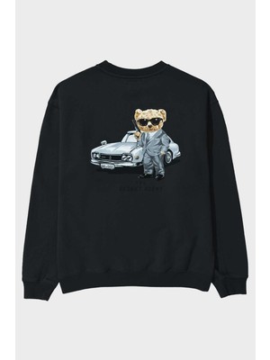Ankhises Teddy Bear Secret Agent Arka Baskılı Siyah Oversize Sweatshirt Erkek Kadın Bisiklet Yaka