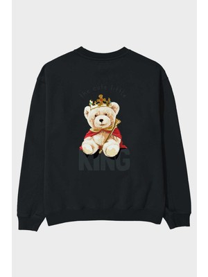 Ankhises Teddy Bear King Arka Baskılı Siyah Oversize Sweatshirt Erkek Kadın Bisiklet Yaka