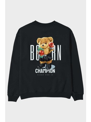 Ankhises Teddy Bear Champion Arka Baskılı Siyah Oversize Sweatshirt Erkek Kadın Bisiklet Yaka