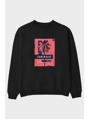 Ankhises Hideout Somewhere Ön Baskılı Siyah Oversize Sweatshirt Erkek Kadın Bisiklet Yaka