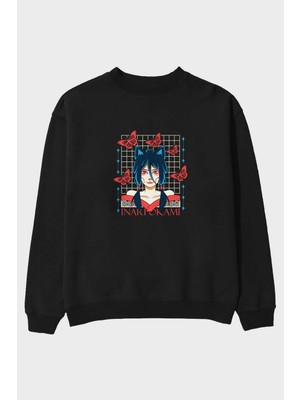 Ankhises Inariokami Ön Baskılı Siyah Oversize Sweatshirt Erkek Kadın Bisiklet Yaka