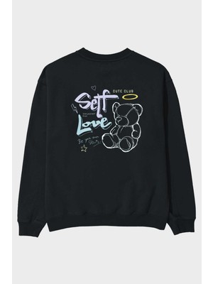Ankhises Self Love Bear Arka Baskılı Siyah Oversize Sweatshirt Erkek Kadın Bisiklet Yaka