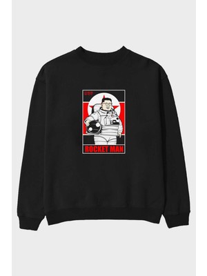 Ankhises Astronot Kim Ön Baskılı Siyah Oversize Sweatshirt Erkek Kadın Bisiklet Yaka