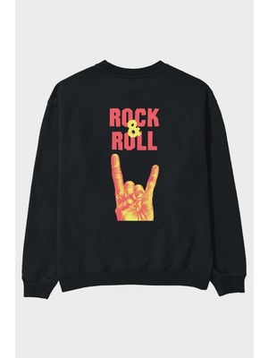 Ankhises Rock & Roll Yazılı Arka Baskılı Siyah Oversize Sweatshirt Erkek Kadın Bisiklet Yaka
