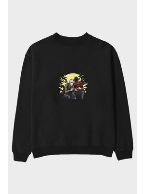 Ankhises Dark Gamers Ön Baskılı Siyah Oversize Sweatshirt Erkek Kadın Bisiklet Yaka