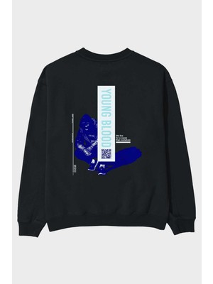 Ankhises Young Blood Arka Baskılı Siyah Oversize Sweatshirt Erkek Kadın Bisiklet Yaka