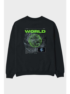 Ankhises World Streetwear Arka Baskılı Siyah Oversize Sweatshirt Erkek Kadın Bisiklet Yaka