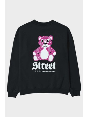 Ankhises Street Bear Arka Baskılı Siyah Oversize Sweatshirt Erkek Kadın Bisiklet Yaka