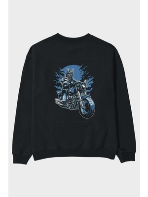 Ankhises Samurai Ride Arka Baskılı Siyah Oversize Sweatshirt Erkek Kadın Bisiklet Yaka