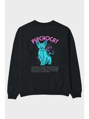 Ankhises Psychocat Arka Baskılı Siyah Oversize Sweatshirt Erkek Kadın Bisiklet Yaka