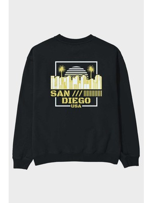 Ankhises San Diego Arka Baskılı Siyah Oversize Sweatshirt Erkek Kadın Bisiklet Yaka
