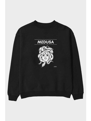 Ankhises Medusa Ön Baskılı Siyah Oversize Sweatshirt Erkek Kadın Bisiklet Yaka