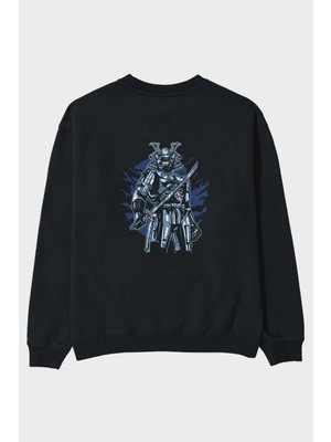 Ankhises Samurai Robot Skull Arka Baskılı Siyah Oversize Sweatshirt Erkek Kadın Bisiklet Yaka
